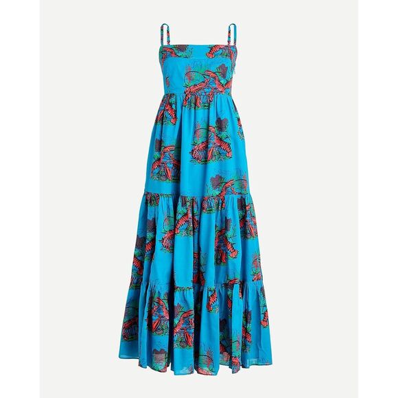 J.Crew Dresses & Skirts - J.Crew Lobster Print Tiered Maxi Dress Sundress Turquoise Blue Size 6